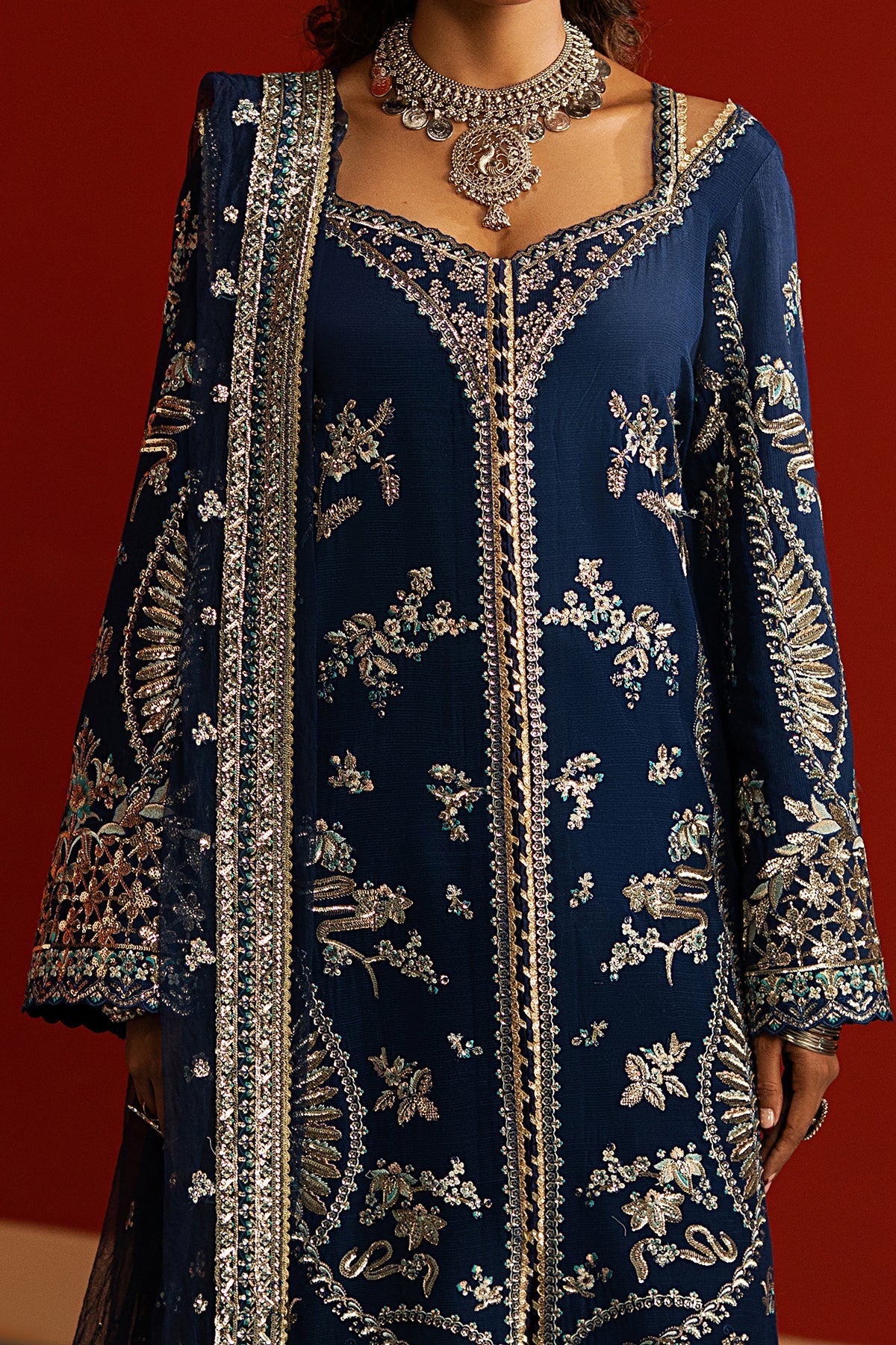 Women Wearing Mahreen Navy Front Open Shirt  For Festive Events - Pakistani Designer Wear For Women In Uk | Kifat