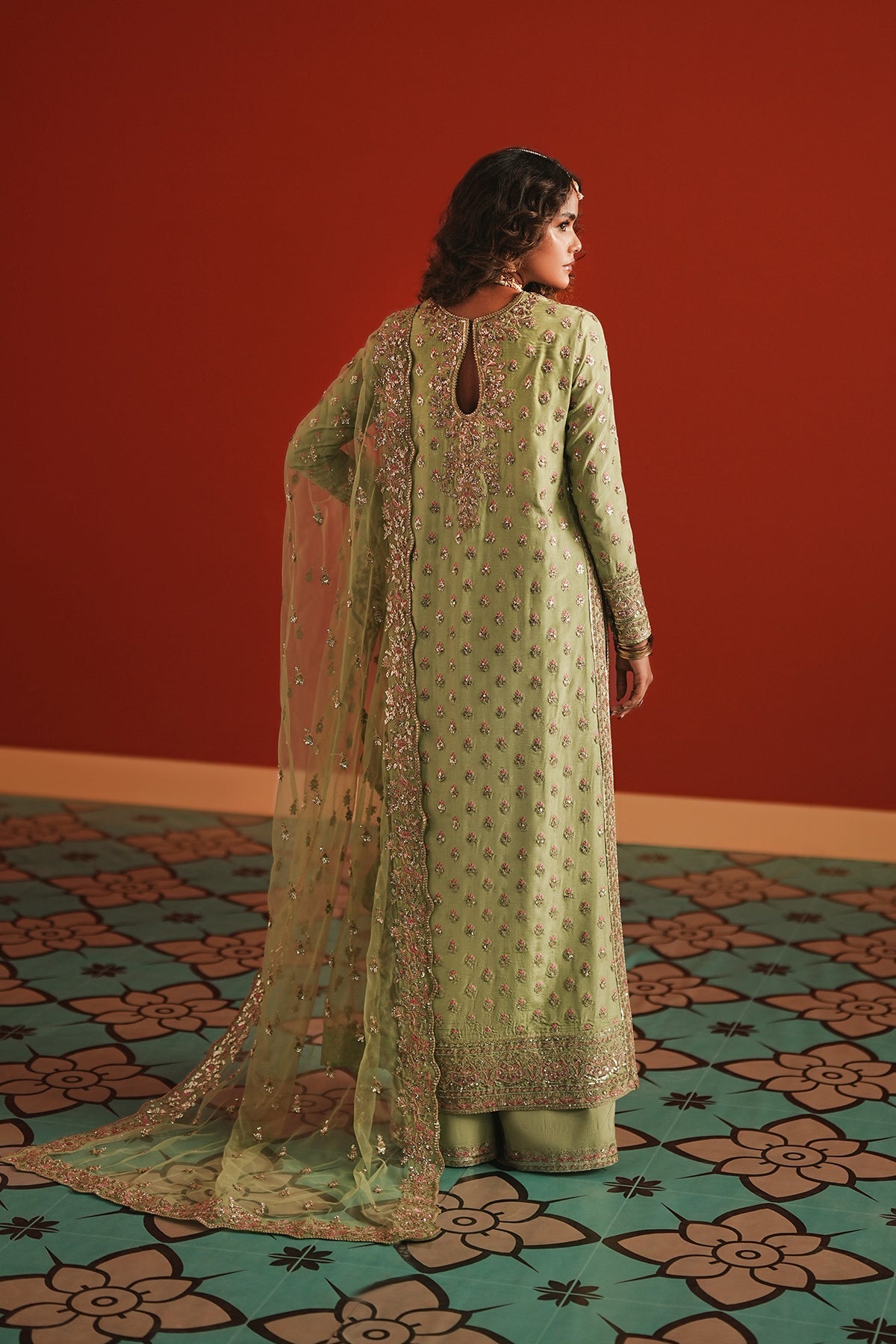 Women Wearing Shahwar Parrot Green Long Shirt  For Festive Events - Pakistani Designer Wear For Women In Uk | Kifat