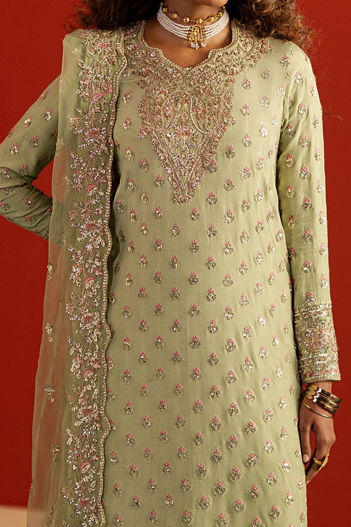 Women Wearing Shahwar Parrot Green Long Shirt  For Festive Events - Pakistani Designer Wear For Women In Uk | Kifat