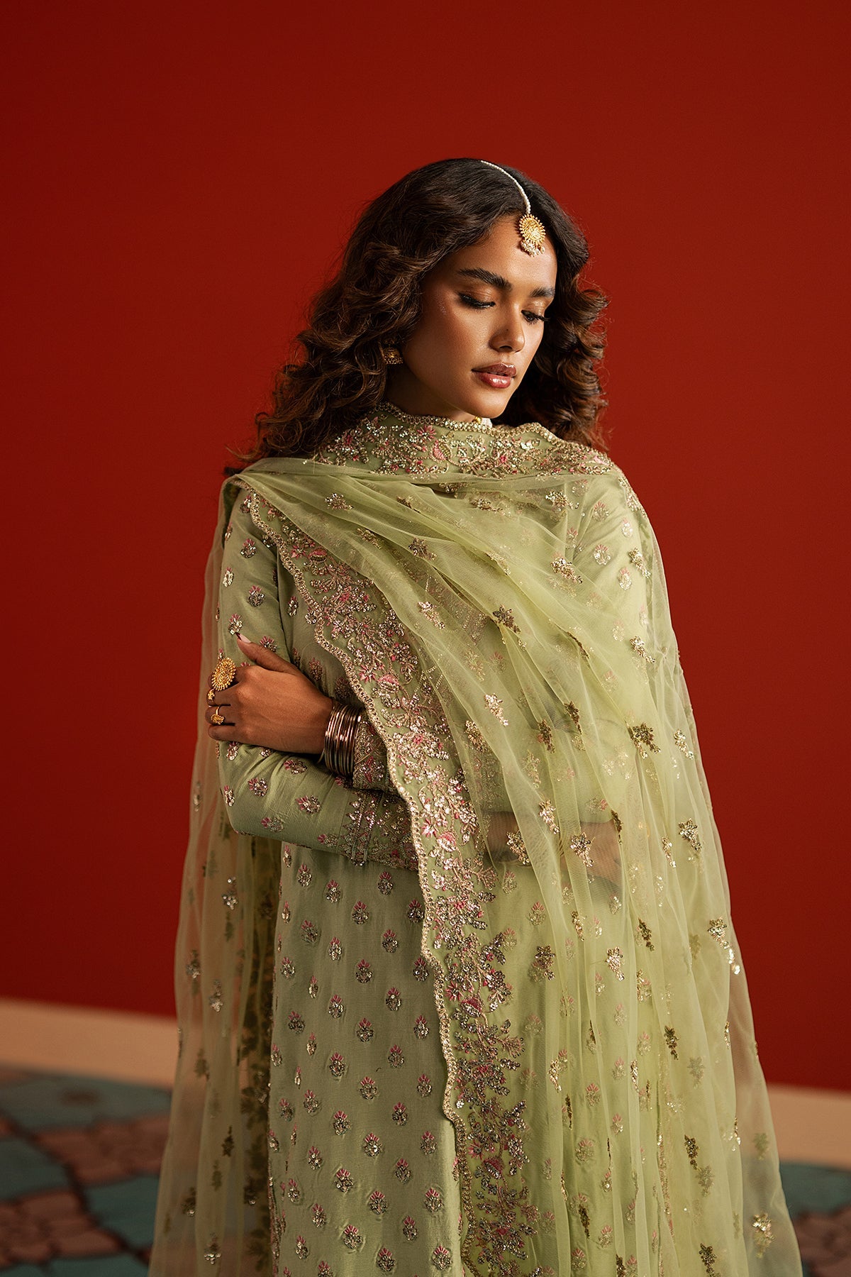 Women Wearing Shahwar Parrot Green Long Shirt  For Festive Events - Pakistani Designer Wear For Women In Uk | Kifat