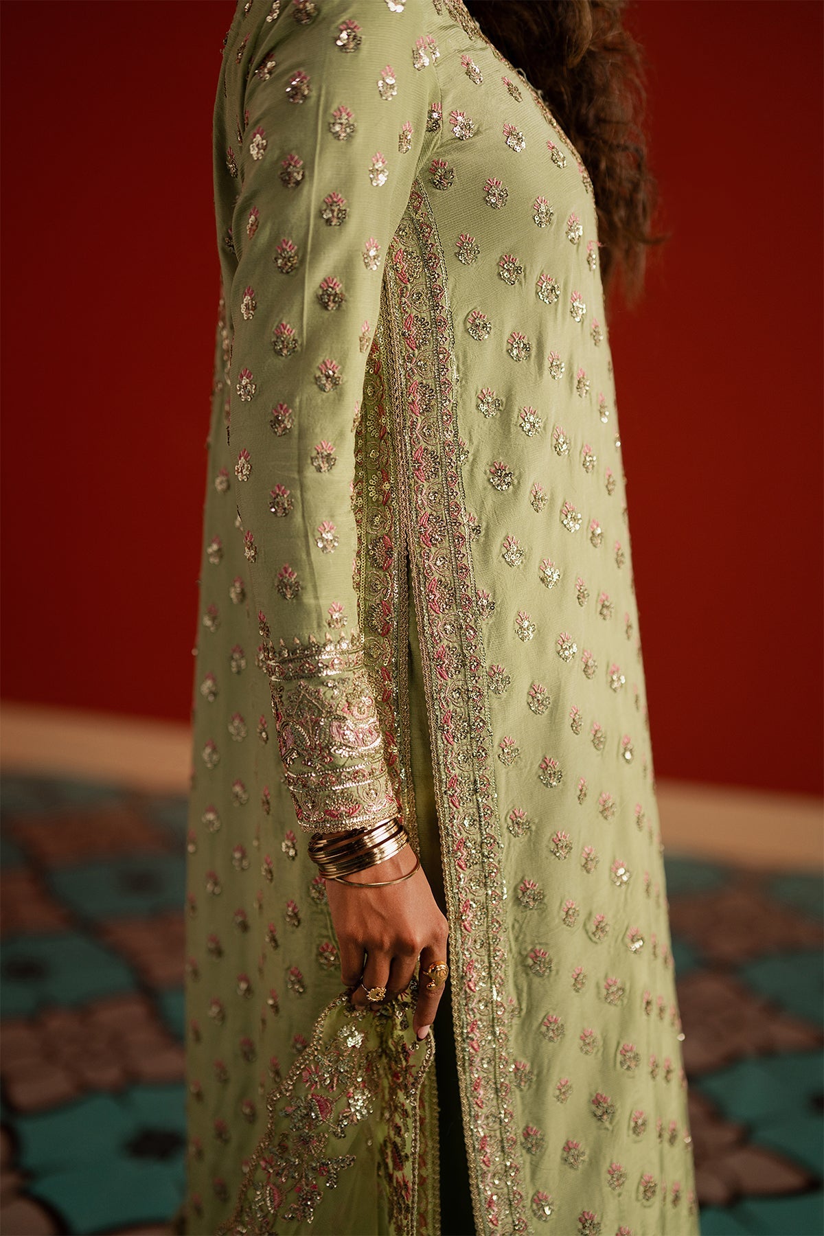 Women Wearing Shahwar Parrot Green Long Shirt  For Festive Events - Pakistani Designer Wear For Women In Uk | Kifat