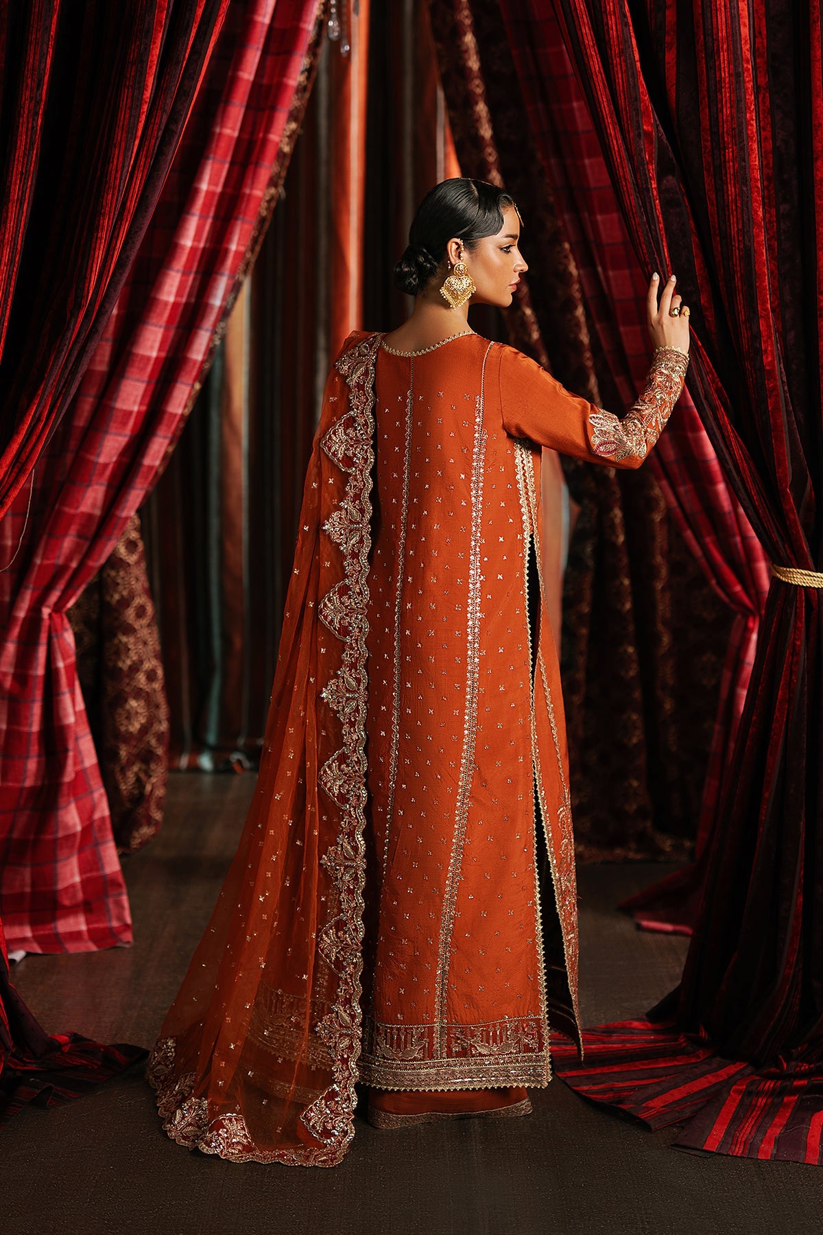 Women Wearing Aafreen Rust Front Open Shirt  For Festive Events - Pakistani Designer Wear For Women In Uk | Kifat