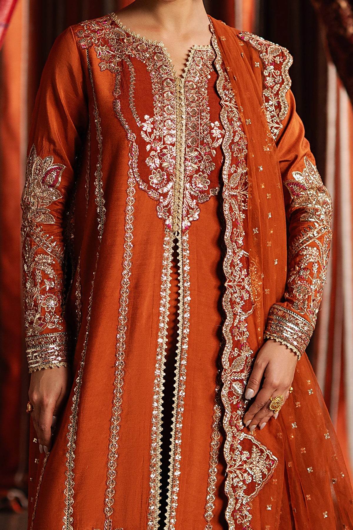 Women Wearing Aafreen Rust Front Open Shirt  For Festive Events - Pakistani Designer Wear For Women In Uk | Kifat