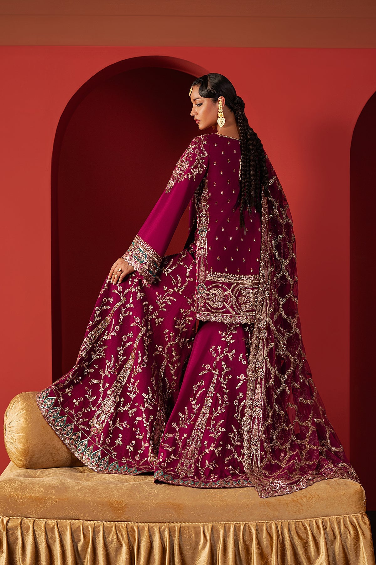 Women Wearing Shamal Magenta Short Shirt With Sharara  For Festive Events - Pakistani Designer Wear For Women In Uk | Kifat