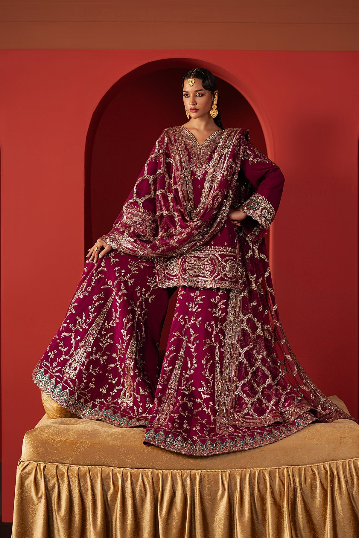 Women Wearing Shamal Magenta Short Shirt With Sharara  For Festive Events - Pakistani Designer Wear For Women In Uk | Kifat