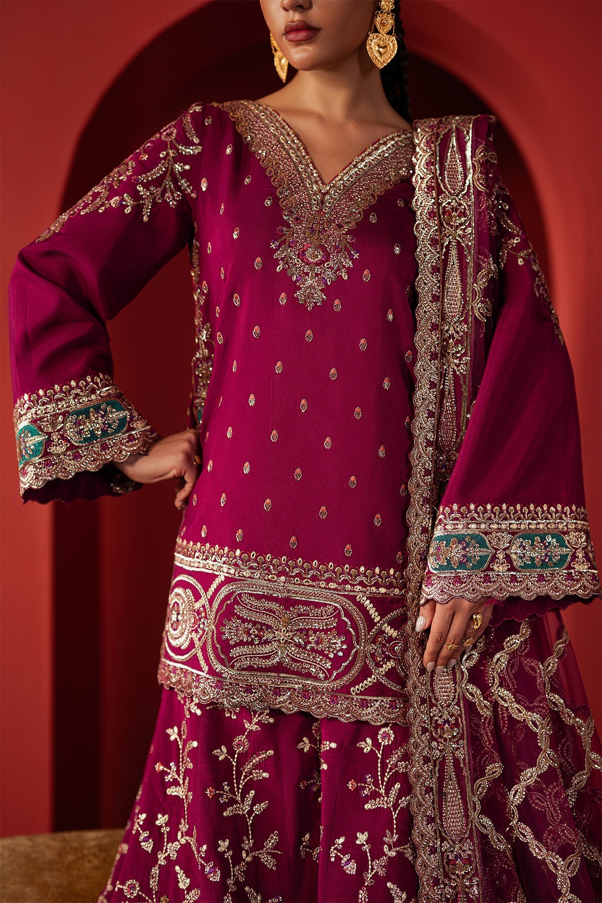 Women Wearing Shamal Magenta Short Shirt With Sharara  For Festive Events - Pakistani Designer Wear For Women In Uk | Kifat