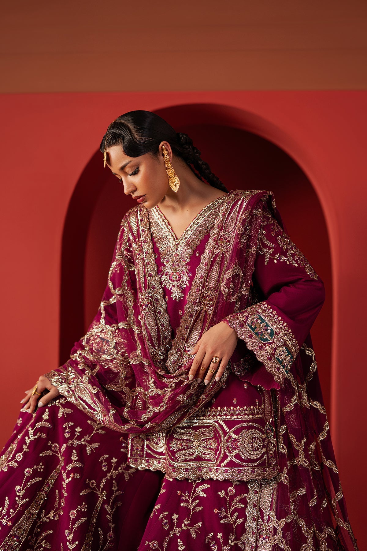 Women Wearing Shamal Magenta Short Shirt With Sharara  For Festive Events - Pakistani Designer Wear For Women In Uk | Kifat