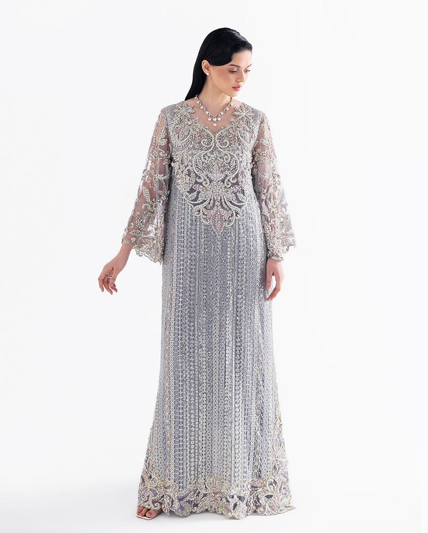 Women Wearing Valerian Grey Long Shirt for Festive Events - Pakistani Designer Wear for Women in UK | Kifat