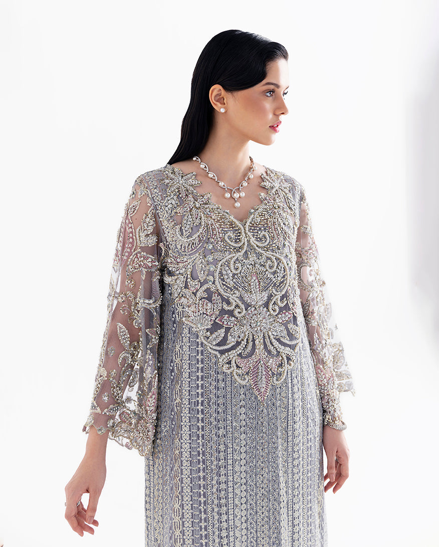 Women Wearing Valerian Grey Long Shirt for Festive Events - Pakistani Designer Wear for Women in UK | Kifat