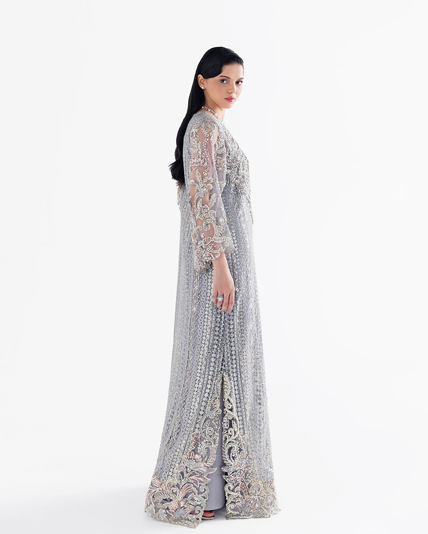 Women Wearing Valerian Grey Long Shirt for Festive Events - Pakistani Designer Wear for Women in UK | Kifat