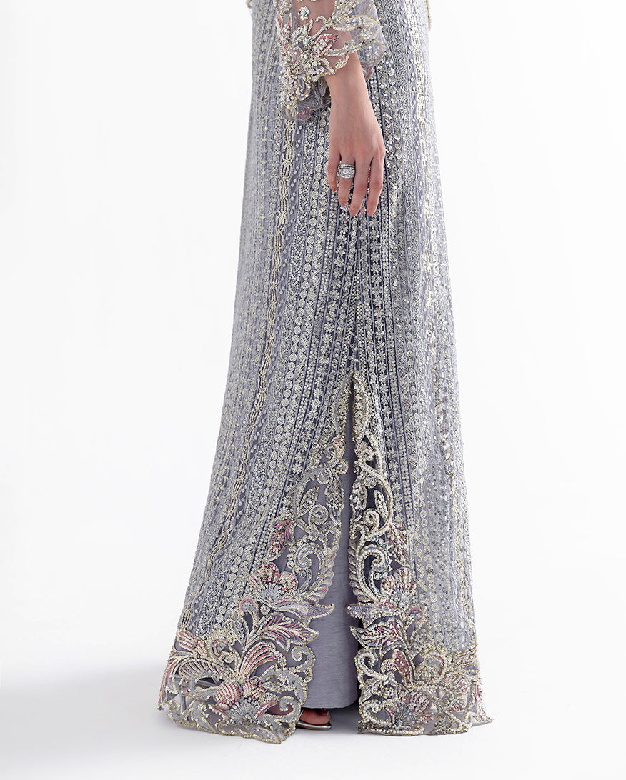 Women Wearing Valerian Grey Long Shirt for Festive Events - Pakistani Designer Wear for Women in UK | Kifat