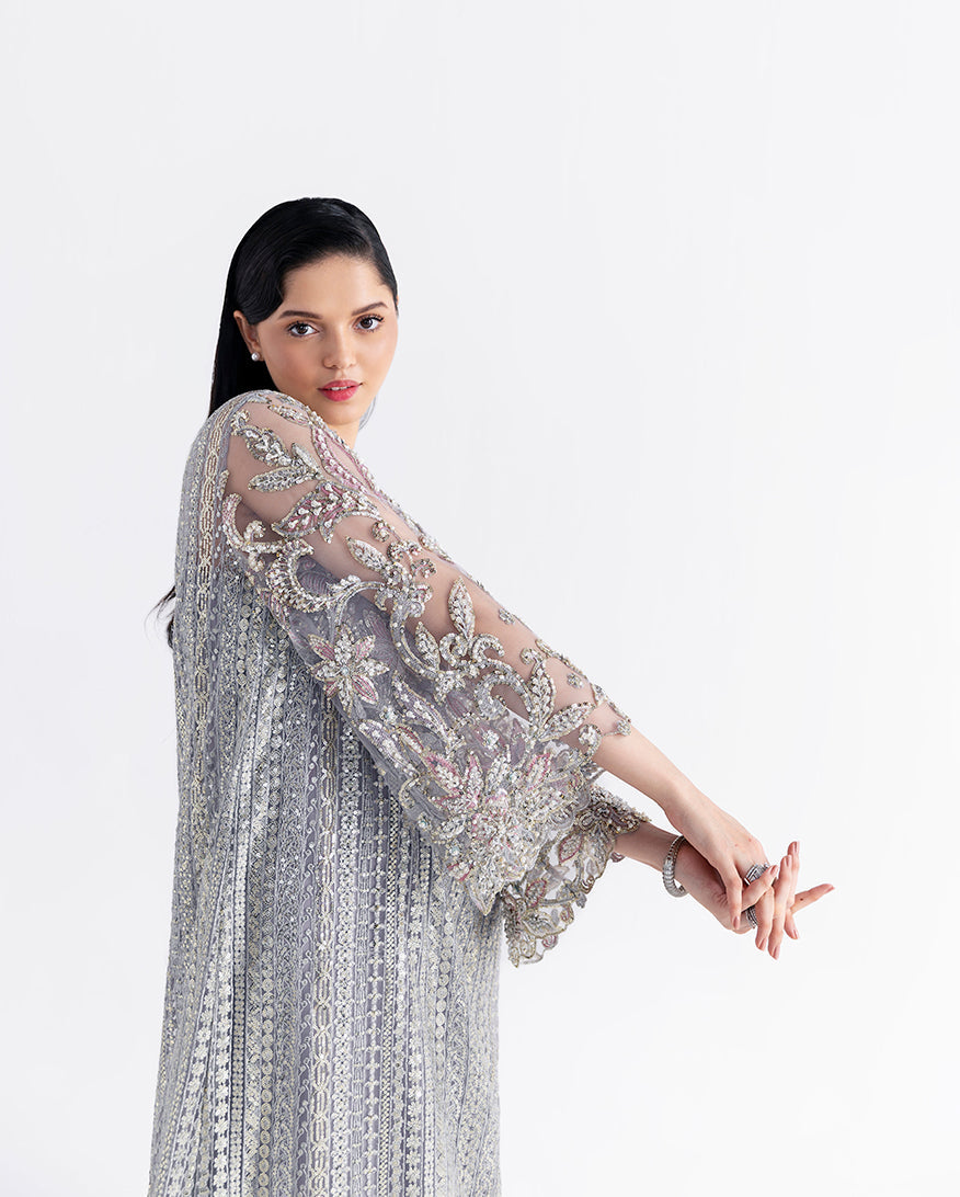 Women Wearing Valerian Grey Long Shirt for Festive Events - Pakistani Designer Wear for Women in UK | Kifat
