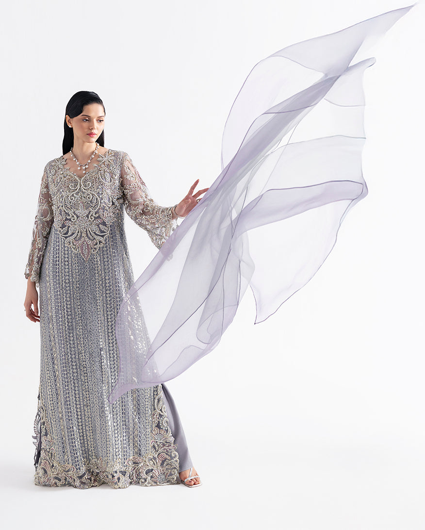 Women Wearing Valerian Grey Long Shirt for Festive Events - Pakistani Designer Wear for Women in UK | Kifat