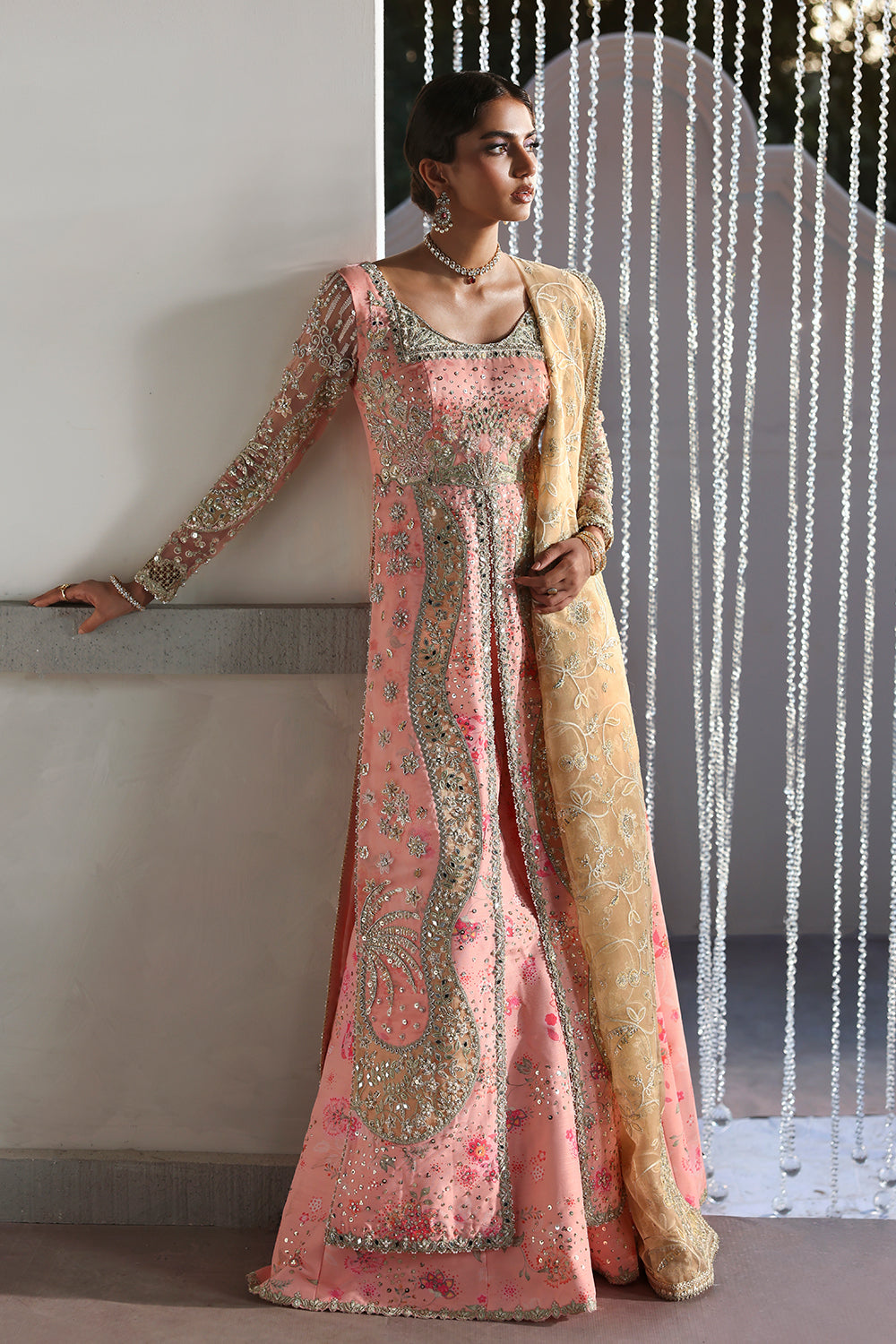Soraya Velora Printed Pink Long Open Shirt for Wedding Wear, Guest of Wedding Wear - Pakistani Designer Wear for Women in UK | Kifat