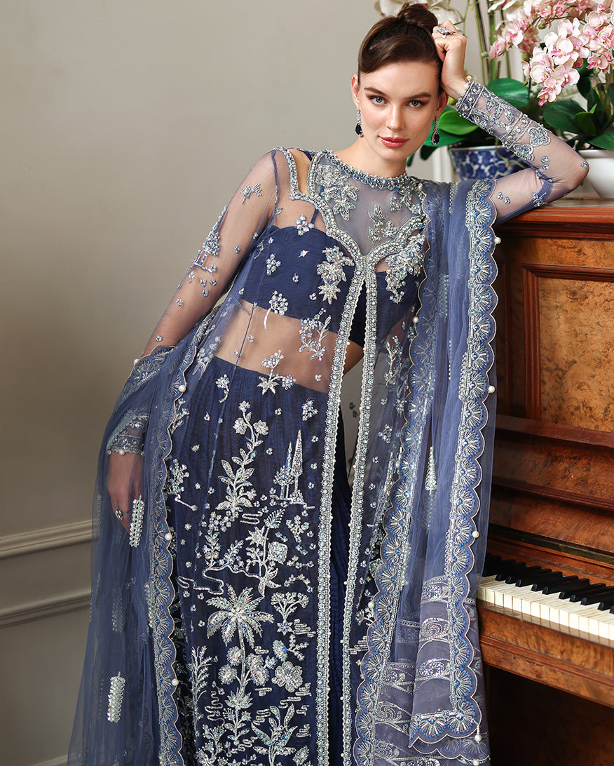 Women Wearing Veronica Dark Blue Long Shirt with Sharara for Wedding Events - Pakistani Designer Wear for Women in UK | Kifat