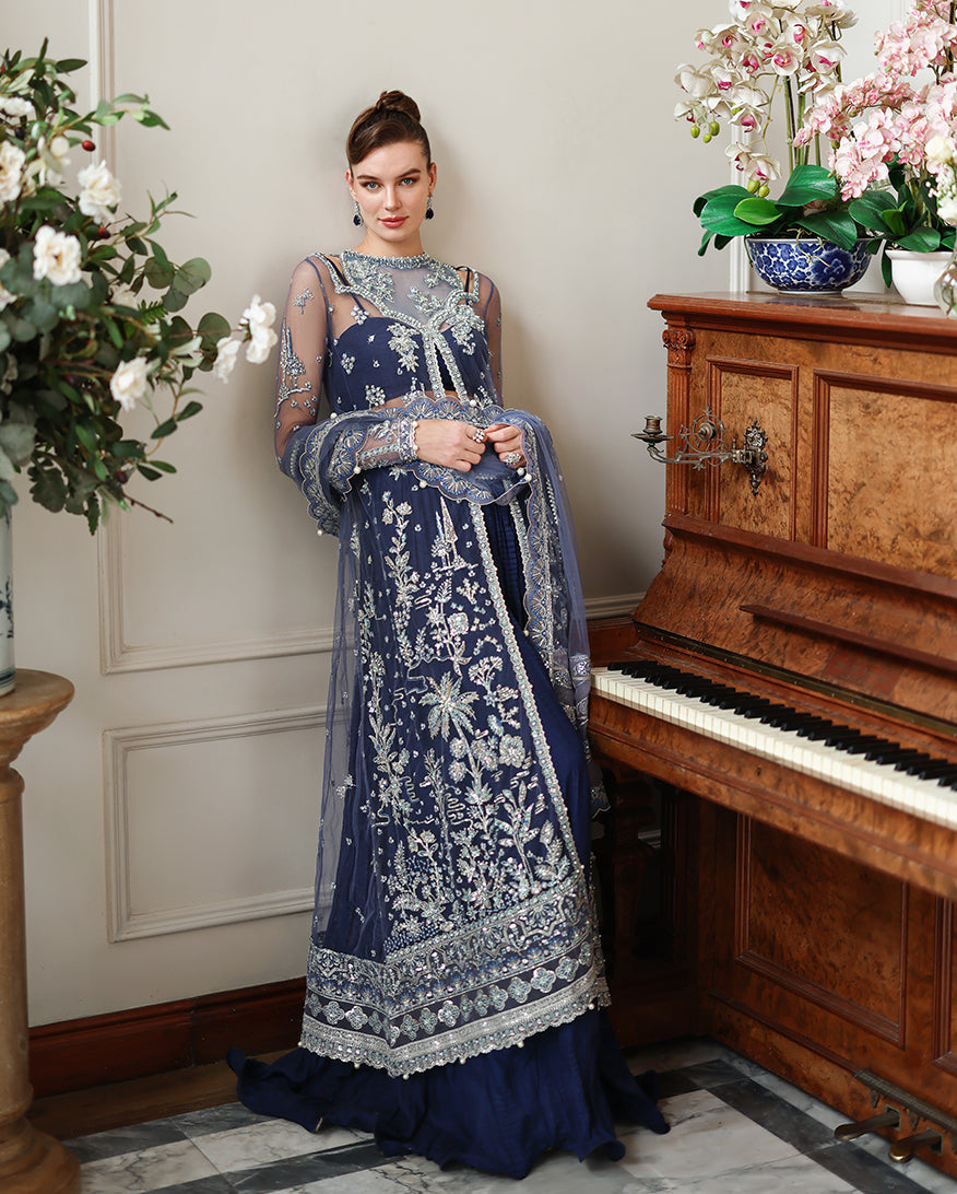 Women Wearing Veronica Dark Blue Long Shirt with Sharara for Wedding Events - Pakistani Designer Wear for Women in UK | Kifat