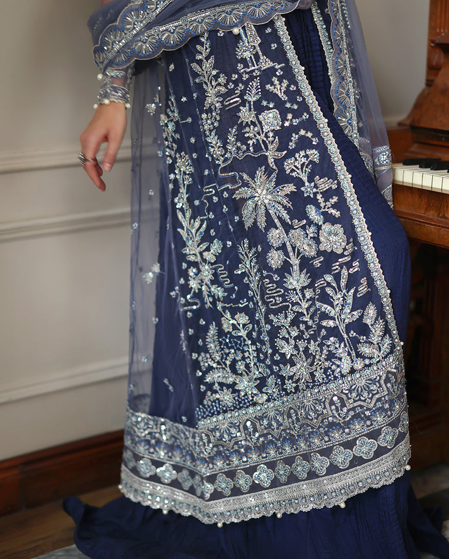 Women Wearing Veronica Dark Blue Long Shirt with Sharara for Wedding Events - Pakistani Designer Wear for Women in UK | Kifat