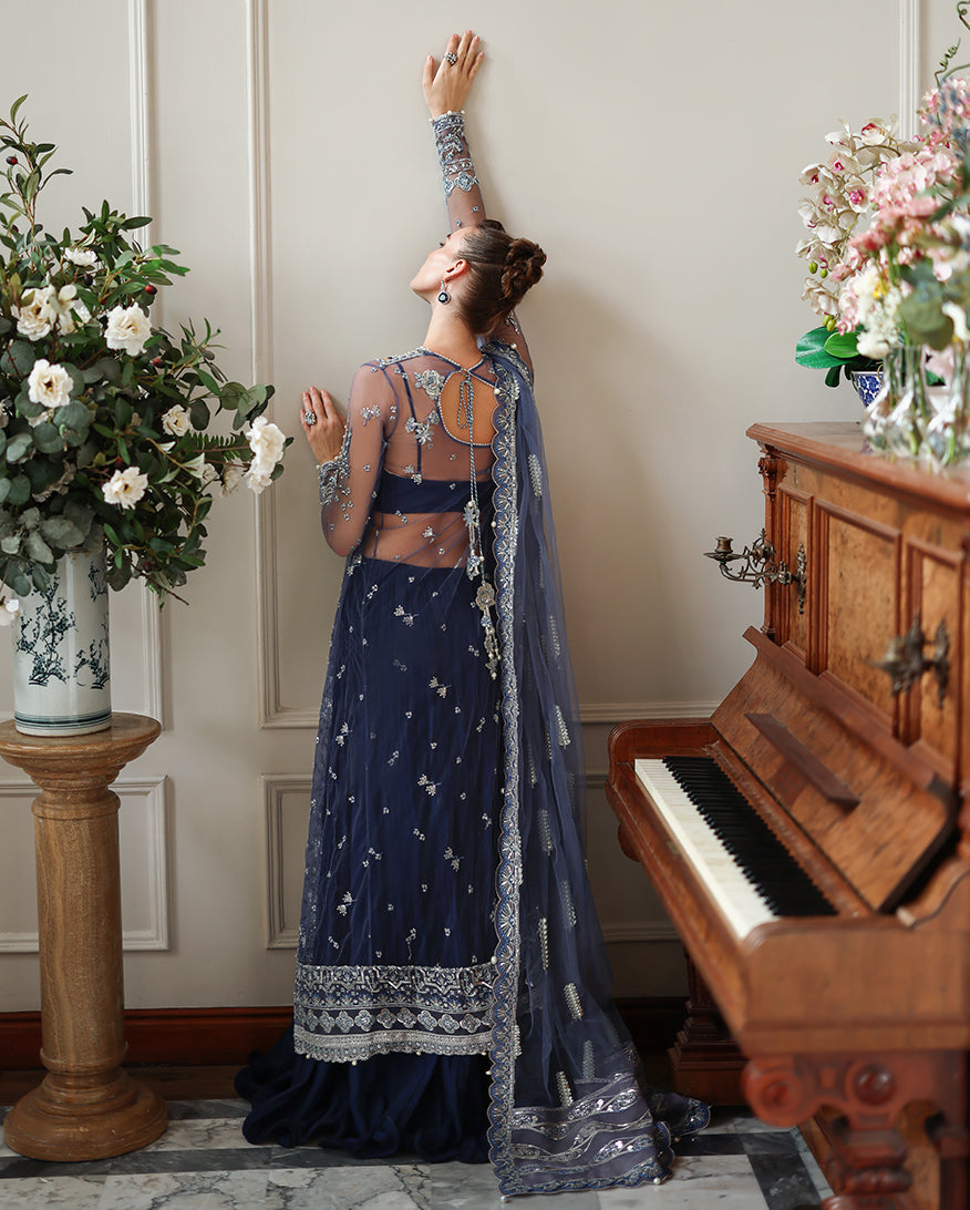 Women Wearing Veronica Dark Blue Long Shirt with Sharara for Wedding Events - Pakistani Designer Wear for Women in UK | Kifat