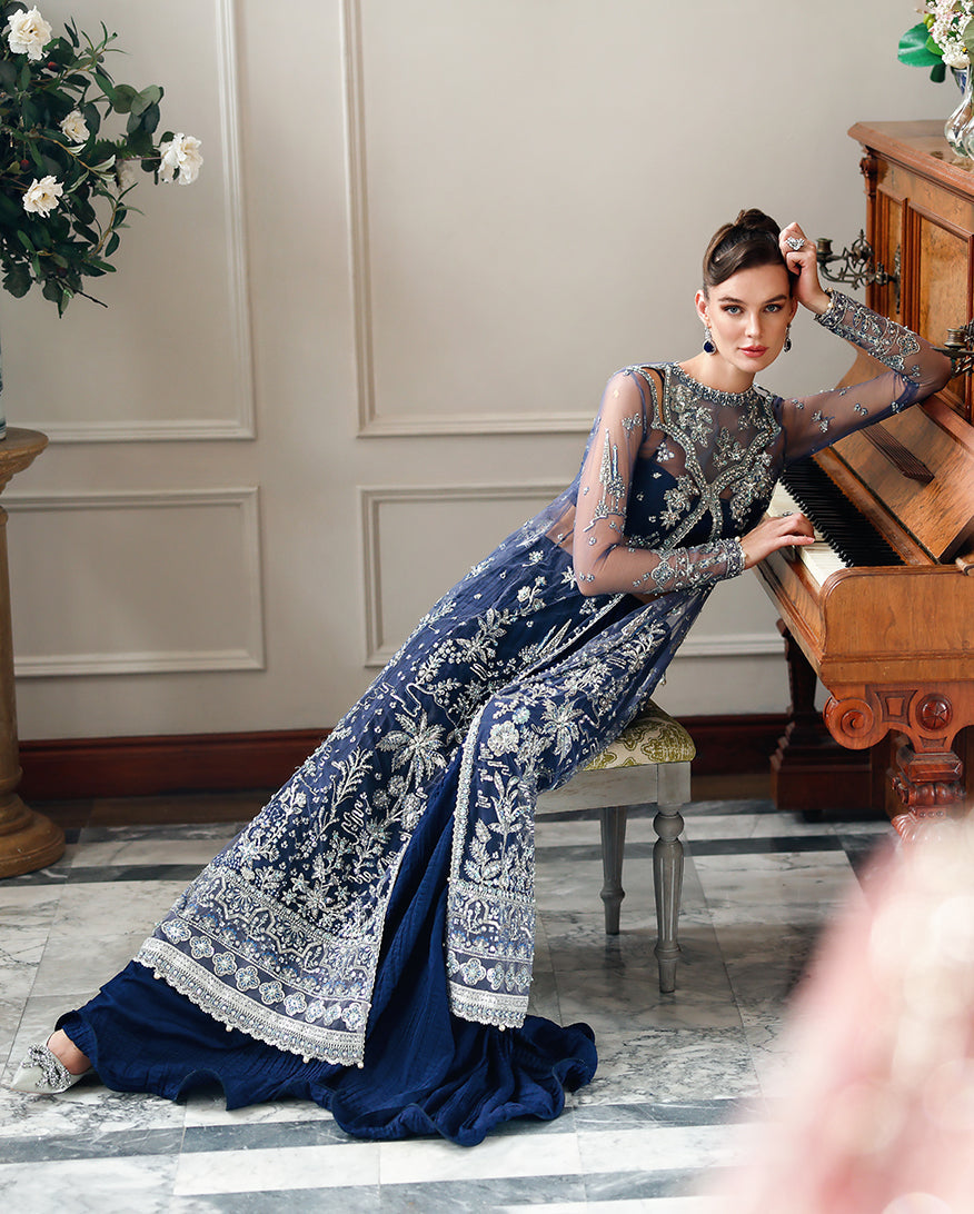 Women Wearing Veronica Dark Blue Long Shirt with Sharara for Wedding Events - Pakistani Designer Wear for Women in UK | Kifat
