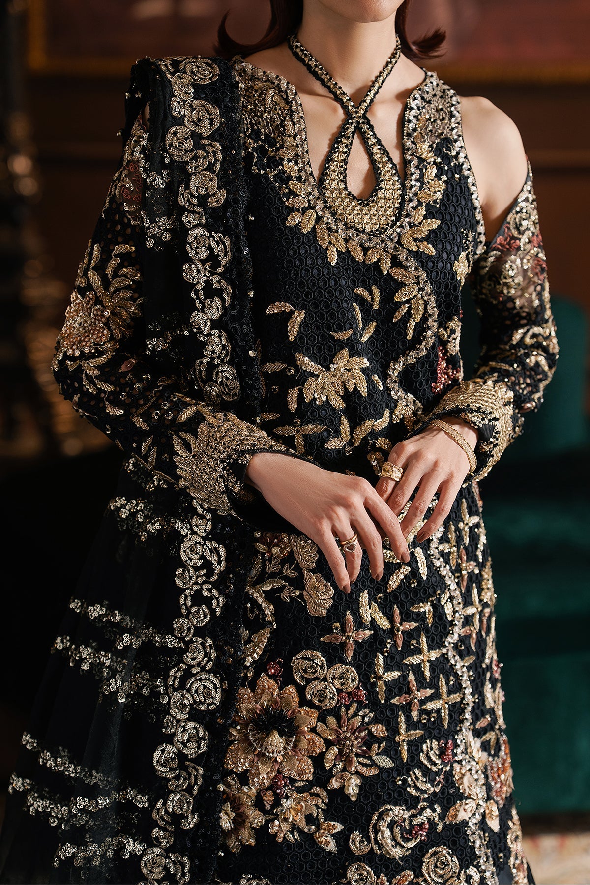 Women Wearing Sarave Black Short Shirt Wit Sharara  For Festive Events - Pakistani Designer Wear For Women In Uk | Kifat