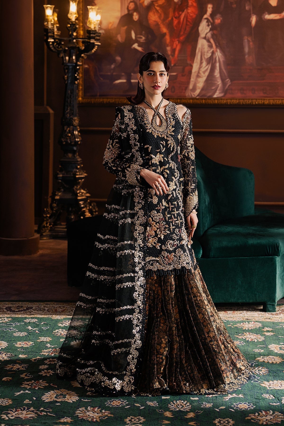 Women Wearing Sarave Black Short Shirt Wit Sharara  For Festive Events - Pakistani Designer Wear For Women In Uk | Kifat