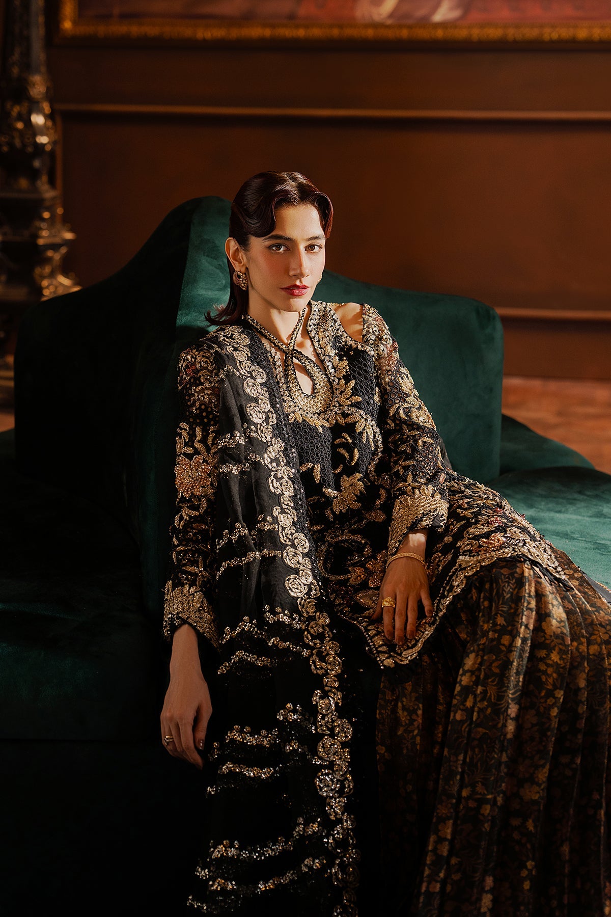 Women Wearing Sarave Black Short Shirt Wit Sharara  For Festive Events - Pakistani Designer Wear For Women In Uk | Kifat