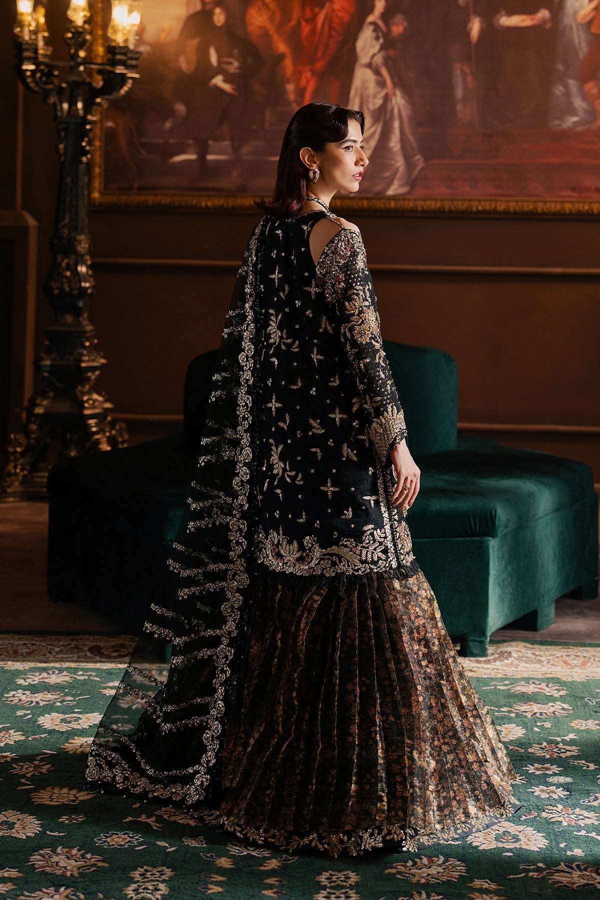 Women Wearing Sarave Black Short Shirt Wit Sharara  For Festive Events - Pakistani Designer Wear For Women In Uk | Kifat