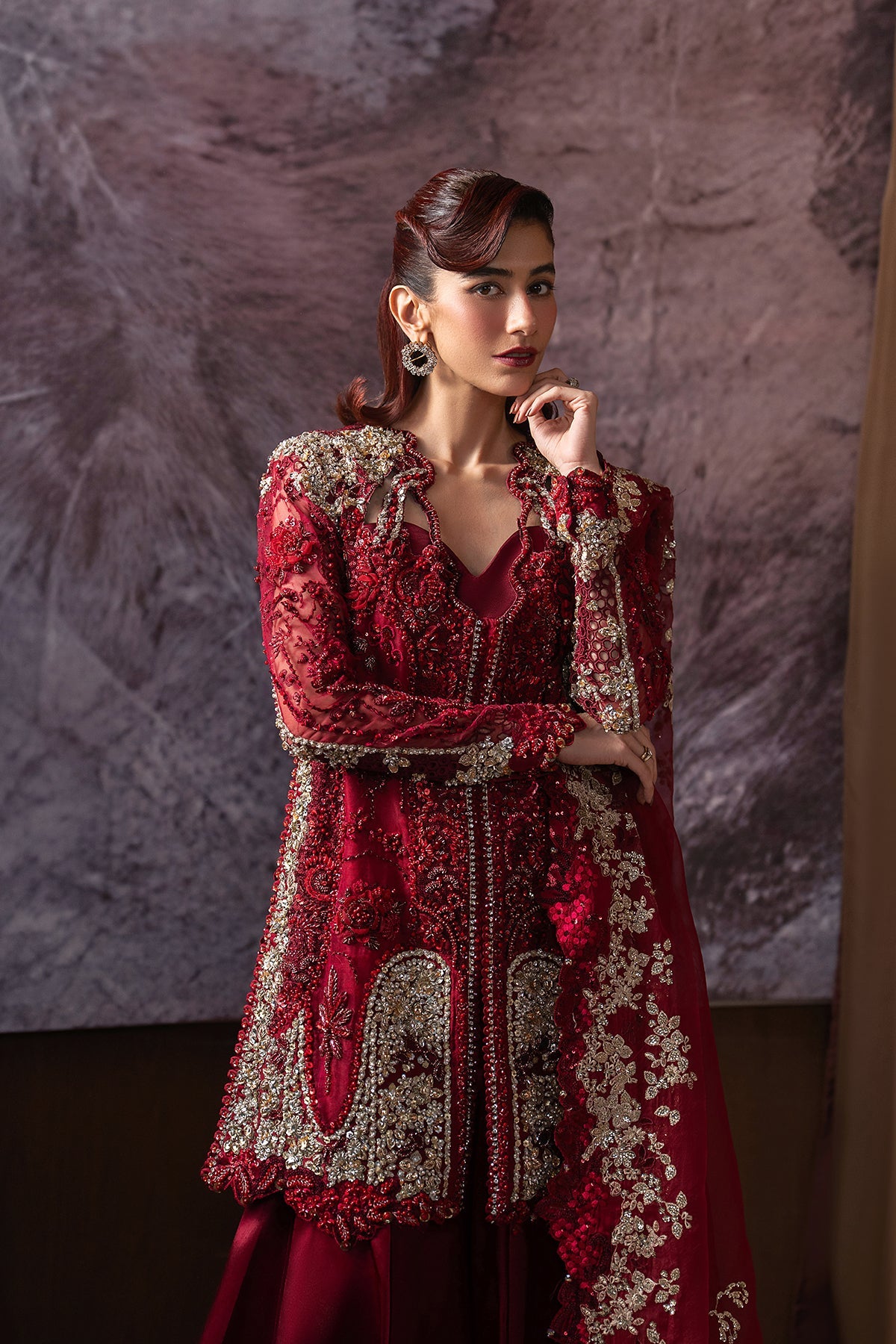 Women Wearing Rawayaat Red Short Shirt Wit Sharara  For Festive Events - Pakistani Designer Wear For Women In Uk | Kifat