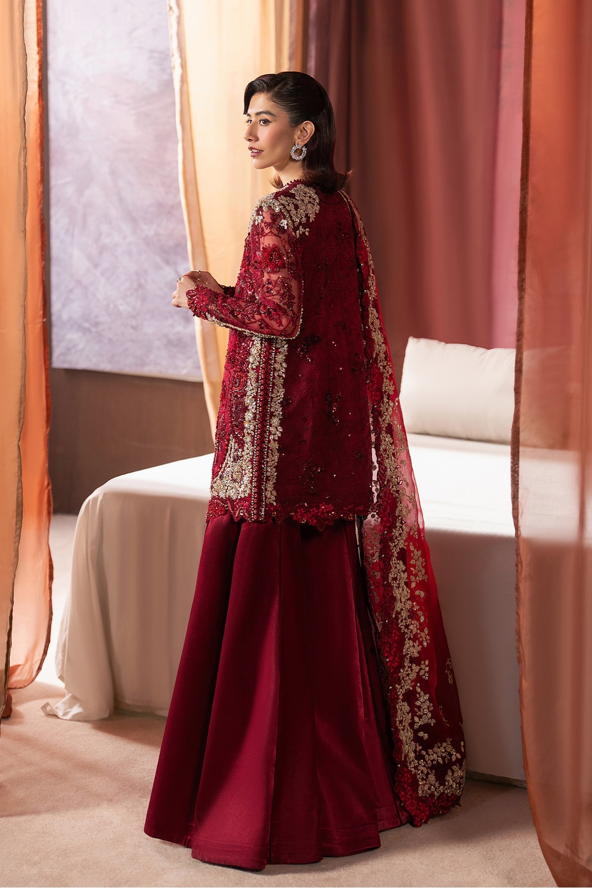Women Wearing Rawayaat Red Short Shirt Wit Sharara  For Festive Events - Pakistani Designer Wear For Women In Uk | Kifat