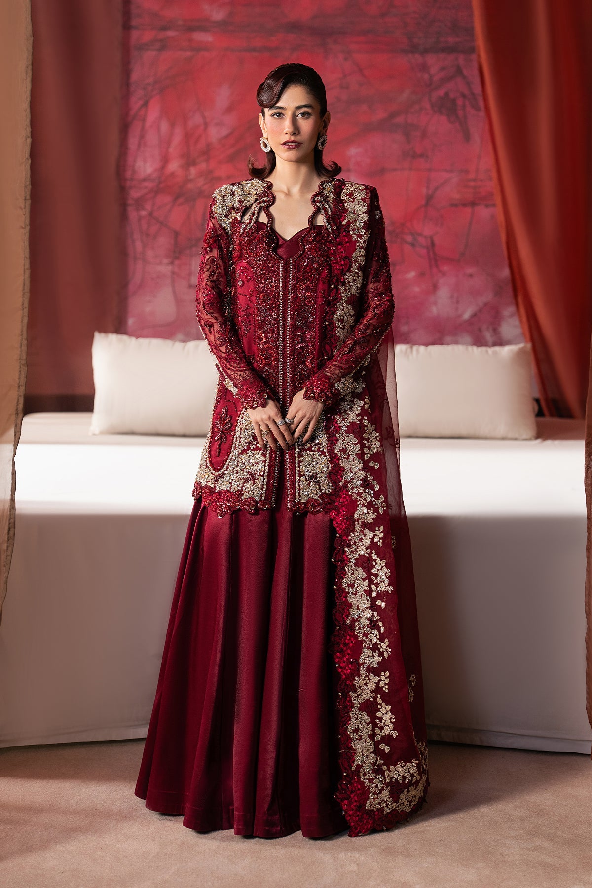 Women Wearing Rawayaat Red Short Shirt Wit Sharara  For Festive Events - Pakistani Designer Wear For Women In Uk | Kifat