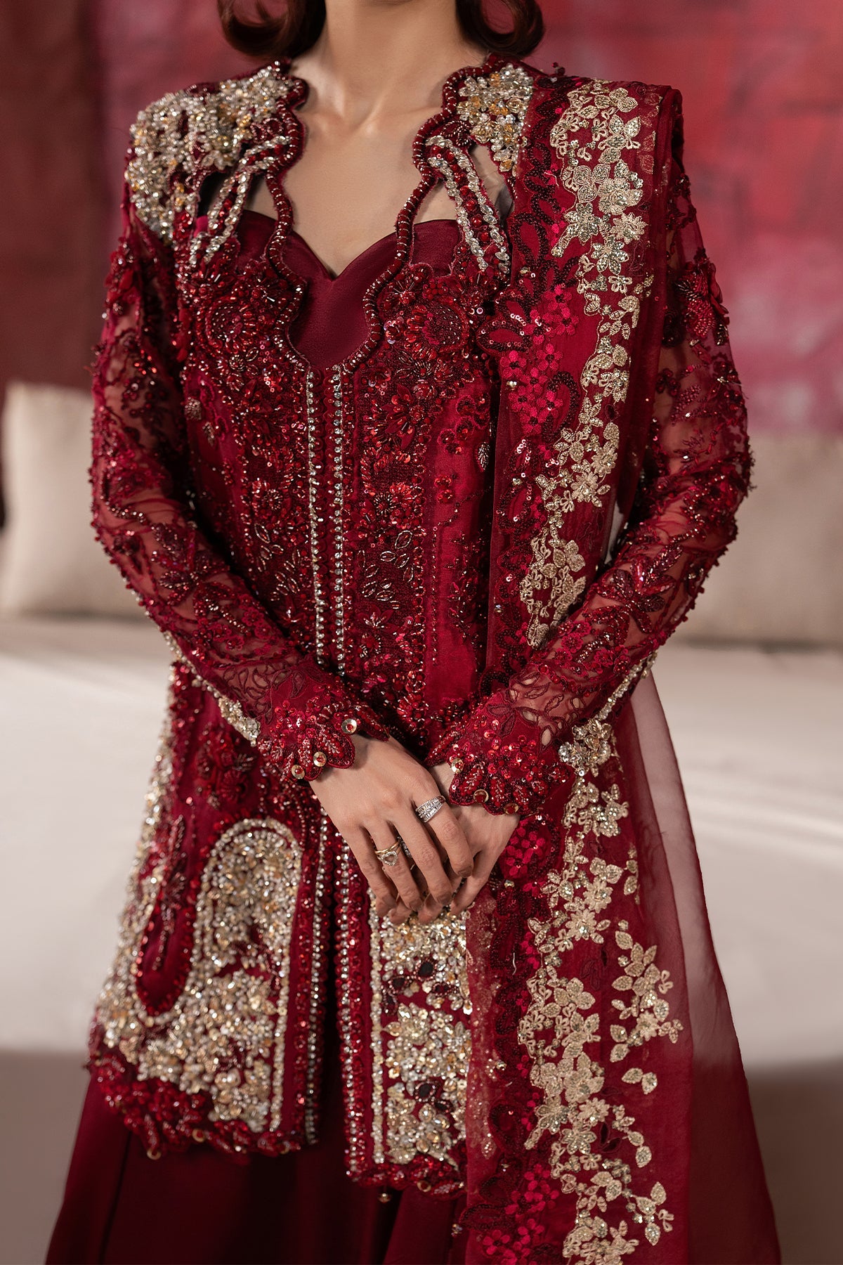 Women Wearing Rawayaat Red Short Shirt Wit Sharara  For Festive Events - Pakistani Designer Wear For Women In Uk | Kifat