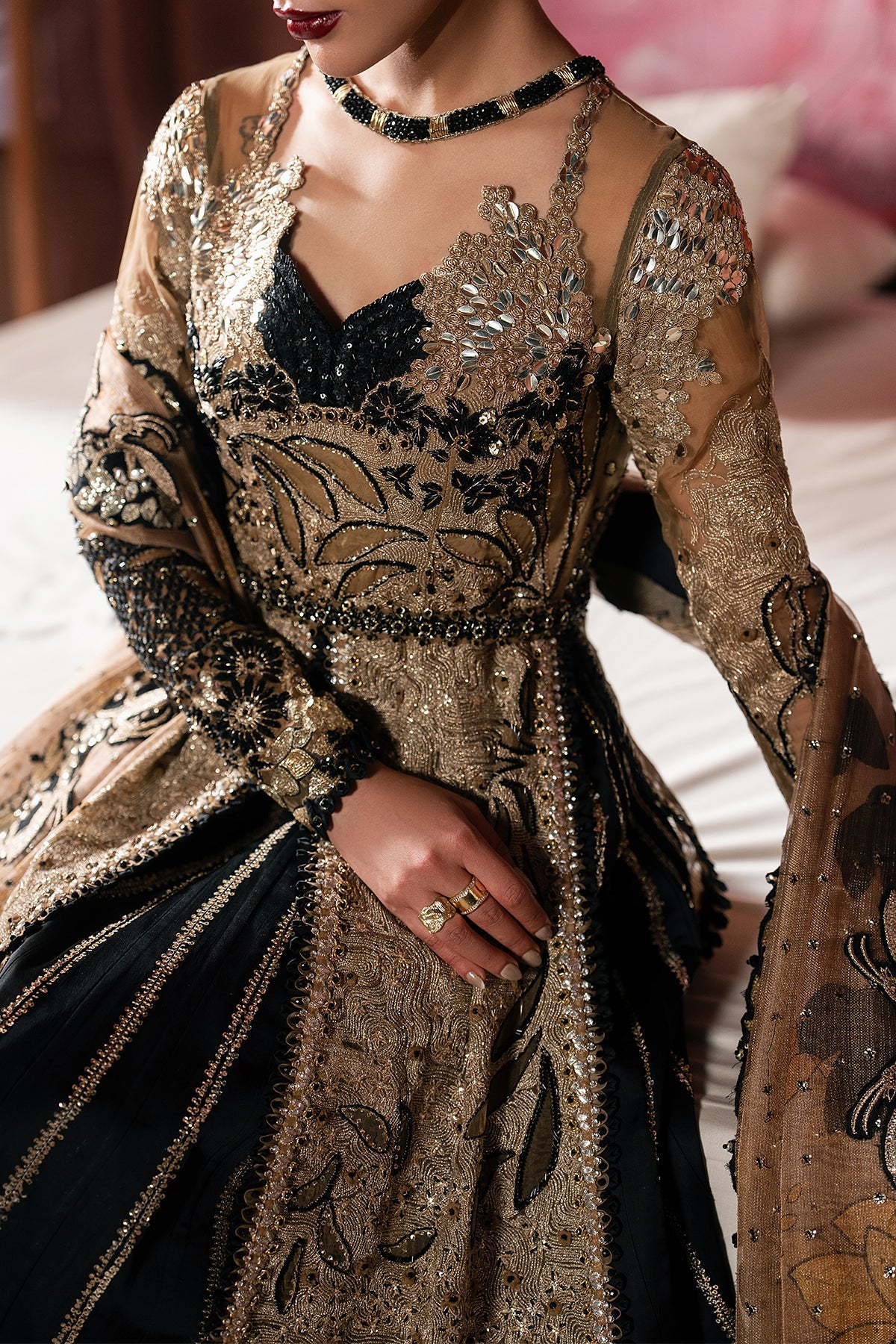 Women Wearing Rayyan Golden Front Open Shirt  For Festive Events - Pakistani Designer Wear For Women In Uk | Kifat