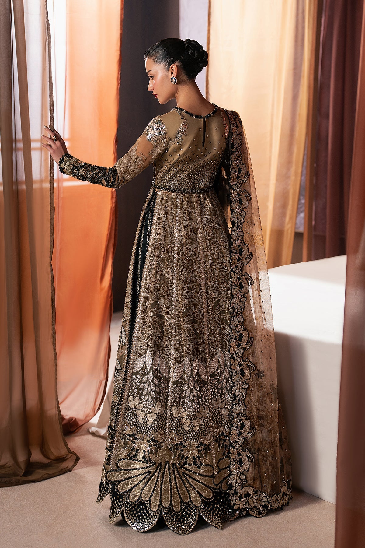 Women Wearing Rayyan Golden Front Open Shirt  For Festive Events - Pakistani Designer Wear For Women In Uk | Kifat
