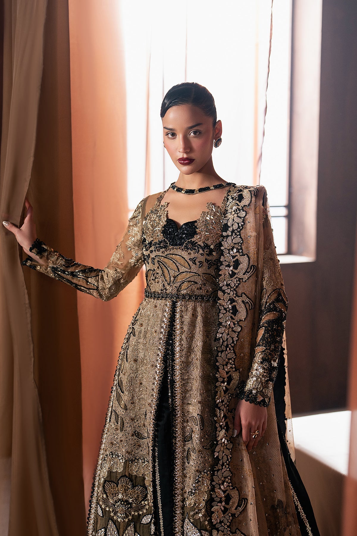 Women Wearing Rayyan Golden Front Open Shirt  For Festive Events - Pakistani Designer Wear For Women In Uk | Kifat