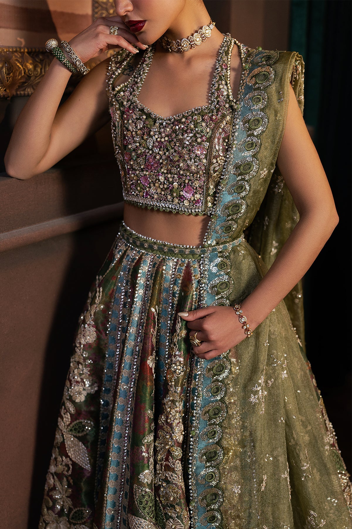 Women Wearing Mahsil Golden Lehnga Choli  For Festive Events - Pakistani Designer Wear For Women In Uk | Kifat