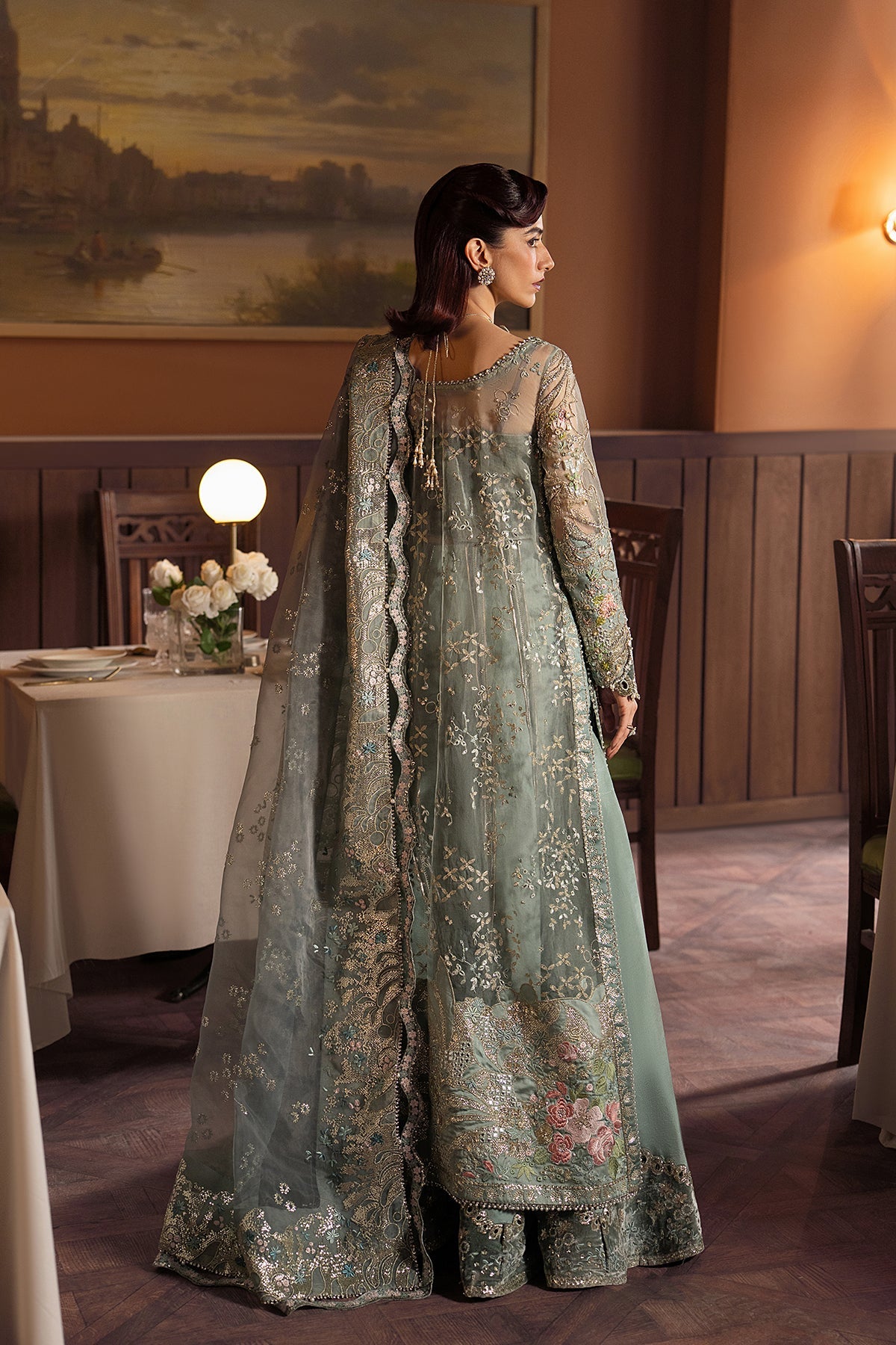 Women Wearing Mehves Light Grey Front Open Shirt  For Festive Events - Pakistani Designer Wear For Women In Uk | Kifat
