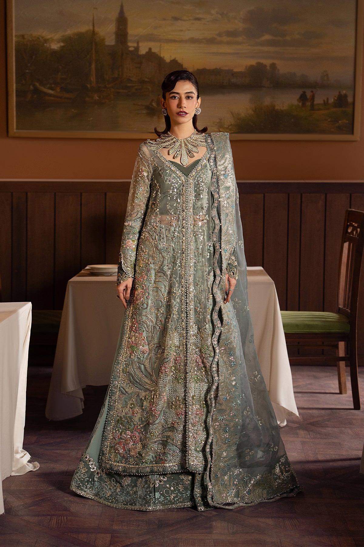 Women Wearing Mehves Light Grey Front Open Shirt  For Festive Events - Pakistani Designer Wear For Women In Uk | Kifat