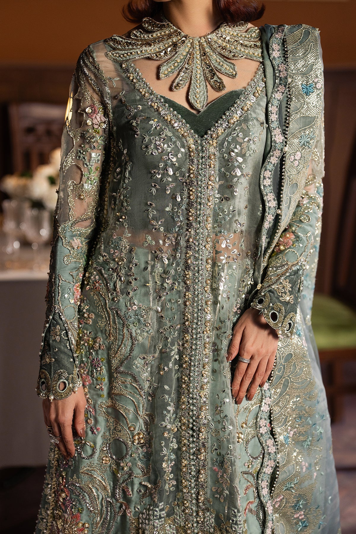 Women Wearing Mehves Light Grey Front Open Shirt  For Festive Events - Pakistani Designer Wear For Women In Uk | Kifat
