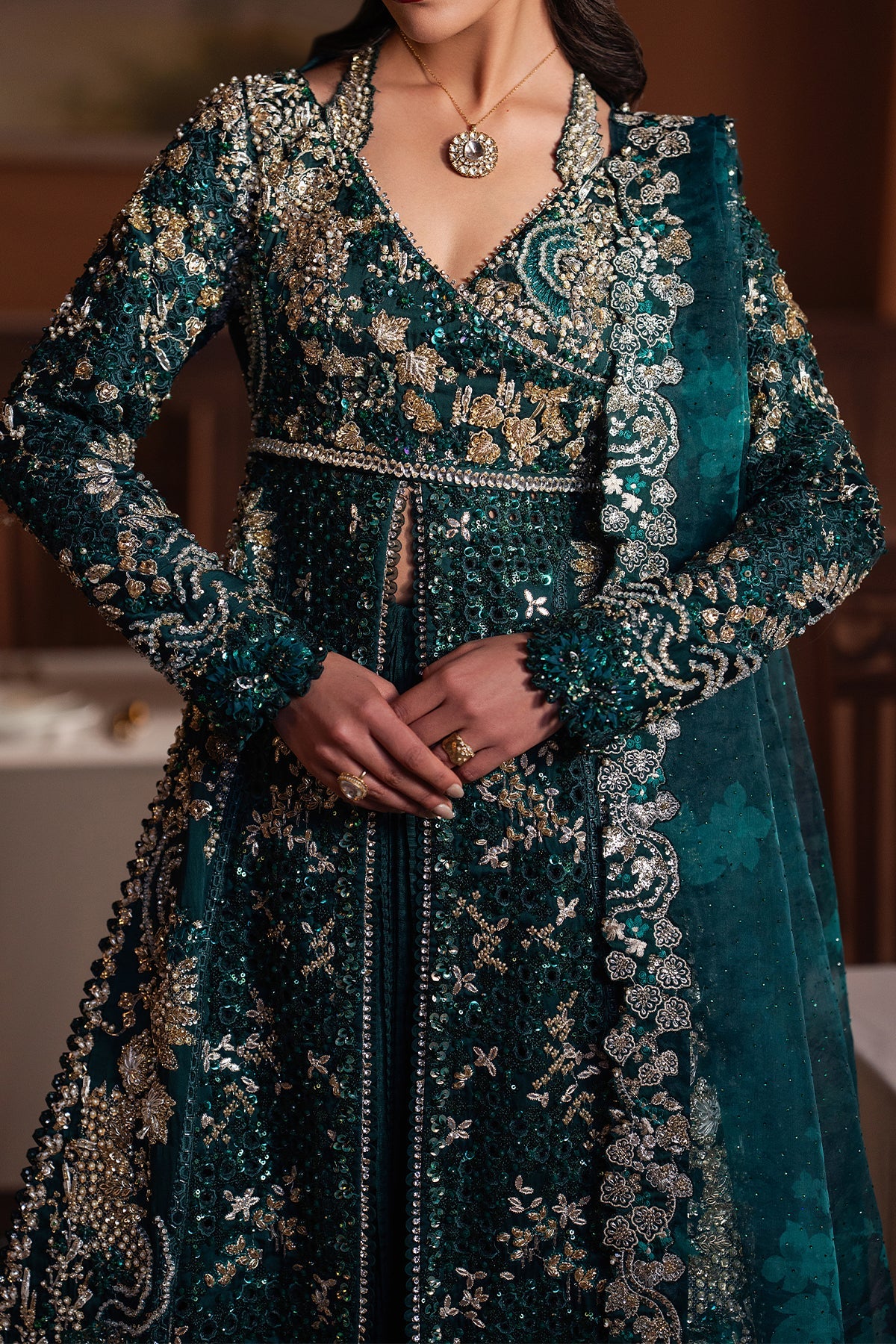 Women Wearing Zareenah Teal Green Front Open Shirt  For Festive Events - Pakistani Designer Wear For Women In Uk | Kifat