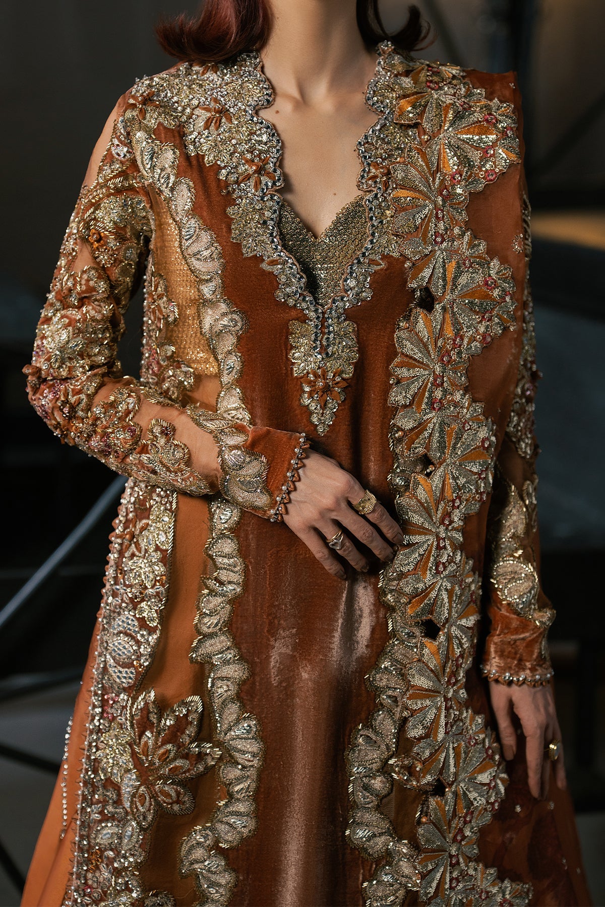 Women Wearing Zavaa Rust Long Shirt  For Festive Events - Pakistani Designer Wear For Women In Uk | Kifat
