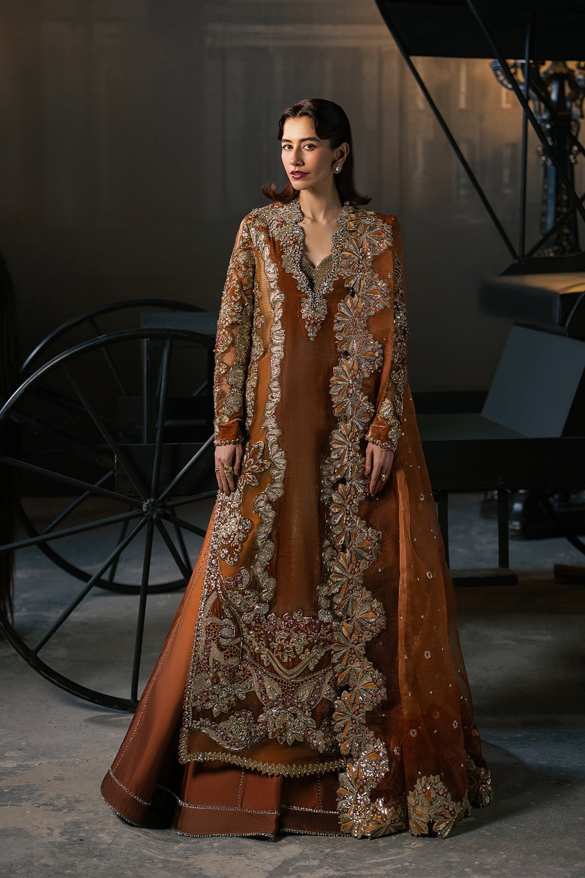 Women Wearing Zavaa Rust Long Shirt  For Festive Events - Pakistani Designer Wear For Women In Uk | Kifat