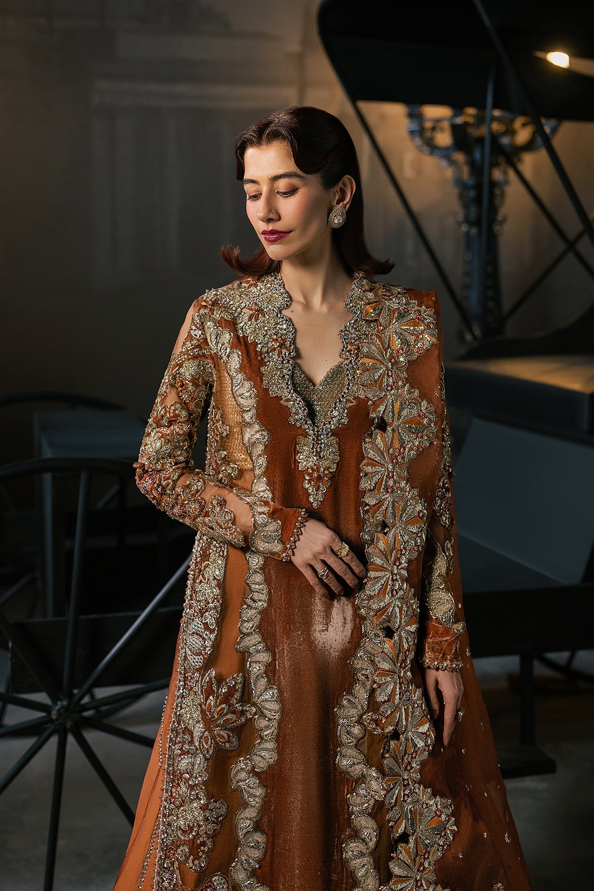 Women Wearing Zavaa Rust Long Shirt  For Festive Events - Pakistani Designer Wear For Women In Uk | Kifat