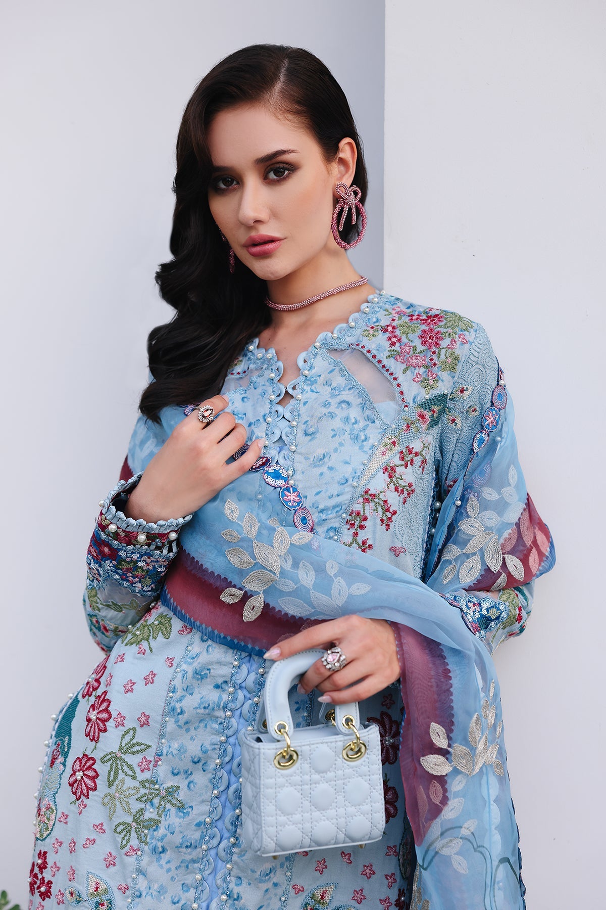 Women Wearing Presta Aqua Long Shirt  For Luxury Events - Pakistani Designer Wear For Women In Uk | Kifat