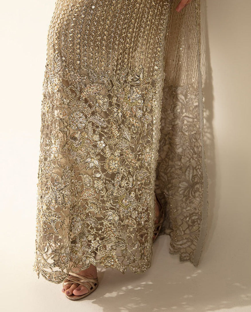 Women Wearing Eve Pale Gold Long Shirt for Festive Events - Pakistani Designer Wear for Women in UK | Kifat