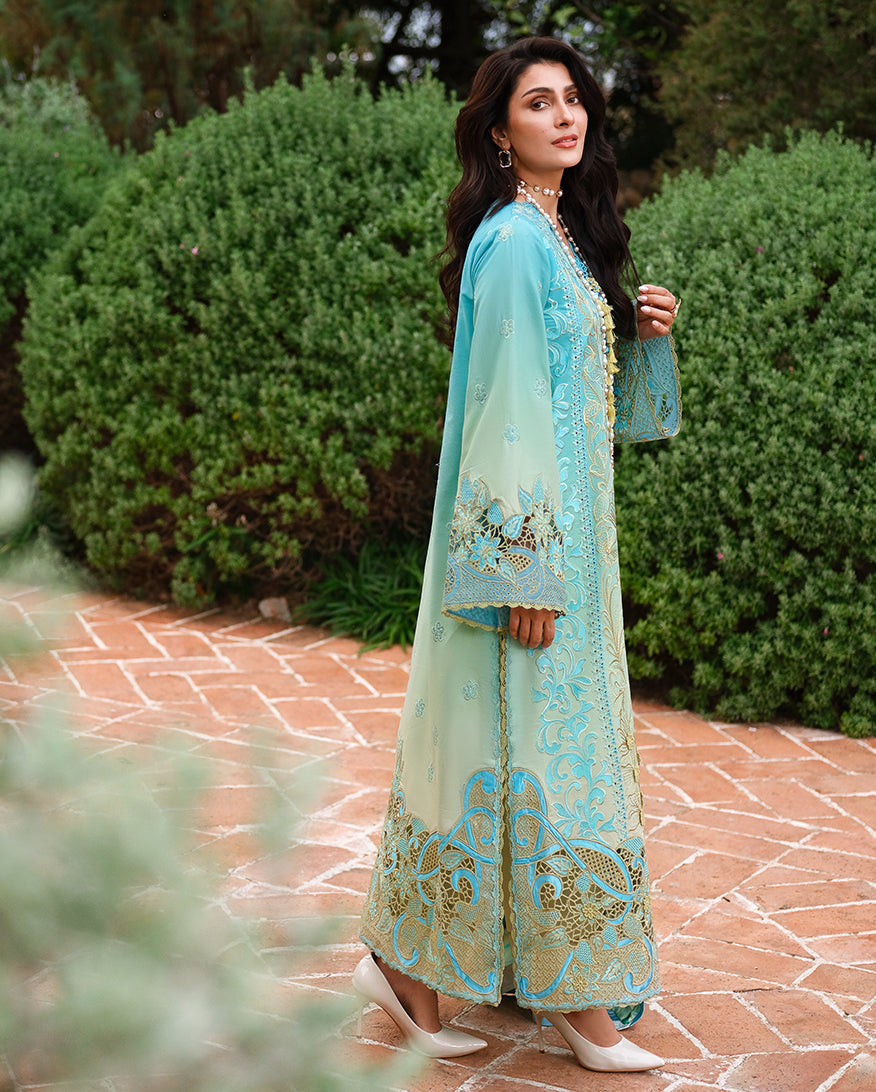 Women Wearing Whispering Winds Aqua Long Shirt For Luxury Events - Pakistani Designer Wear For Women In UK | Kifat