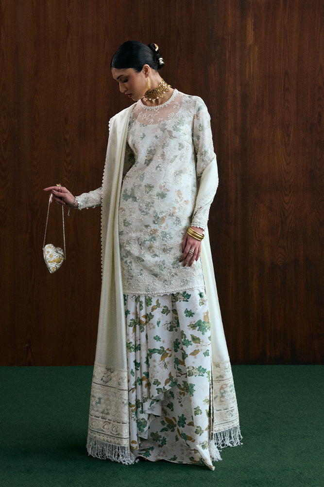 Model Wearing Suffuse by Sana Yasir FARIDA Ivory Shirt with Drape Pants for Wedding Wear - Pakistani Designer wear for Women in UK | Kifat