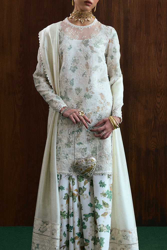 Model Wearing Suffuse by Sana Yasir FARIDA Ivory Shirt with Drape Pants for Wedding Wear - Pakistani Designer wear for Women in UK | Kifat