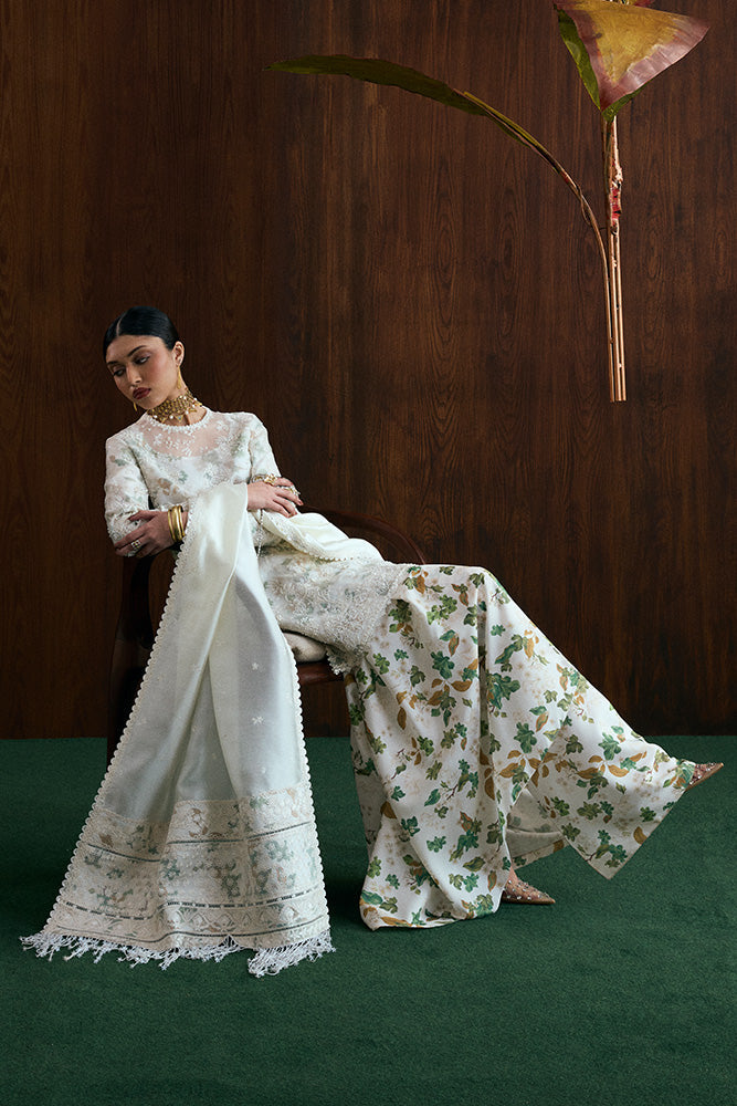 Model Wearing Suffuse by Sana Yasir FARIDA Ivory Shirt with Drape Pants for Wedding Wear - Pakistani Designer wear for Women in UK | Kifat