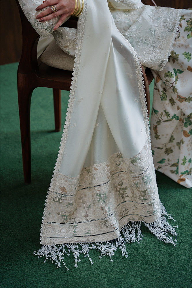 Model Wearing Suffuse by Sana Yasir FARIDA Ivory Shirt with Drape Pants for Wedding Wear - Pakistani Designer wear for Women in UK | Kifat