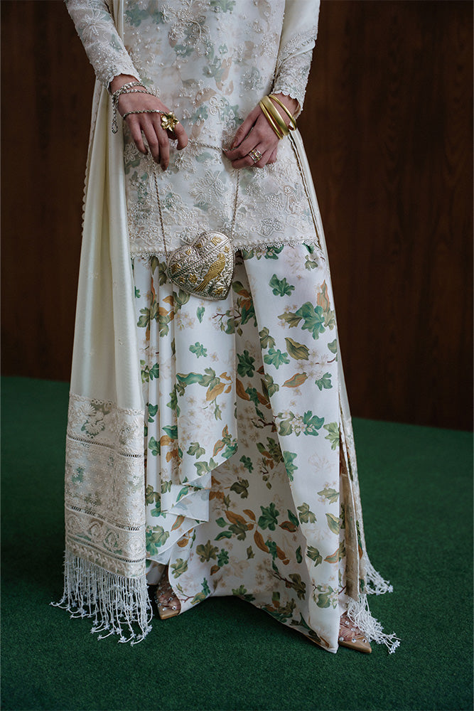 Model Wearing Suffuse by Sana Yasir FARIDA Ivory Shirt with Drape Pants for Wedding Wear - Pakistani Designer wear for Women in UK | Kifat